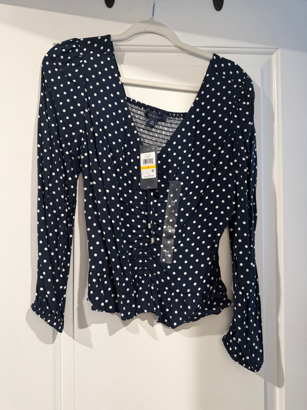 Tommy Hilfiger Navy and White Polka Dot V-Neck Ruched Blouse